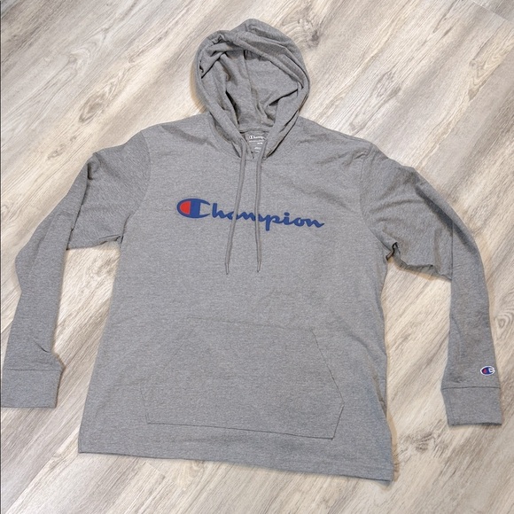 Champion Tops - Champion Unisex Long Sleeve Hoodie Tee | Oxford Heather Gray Blue Logo T-Shirt M